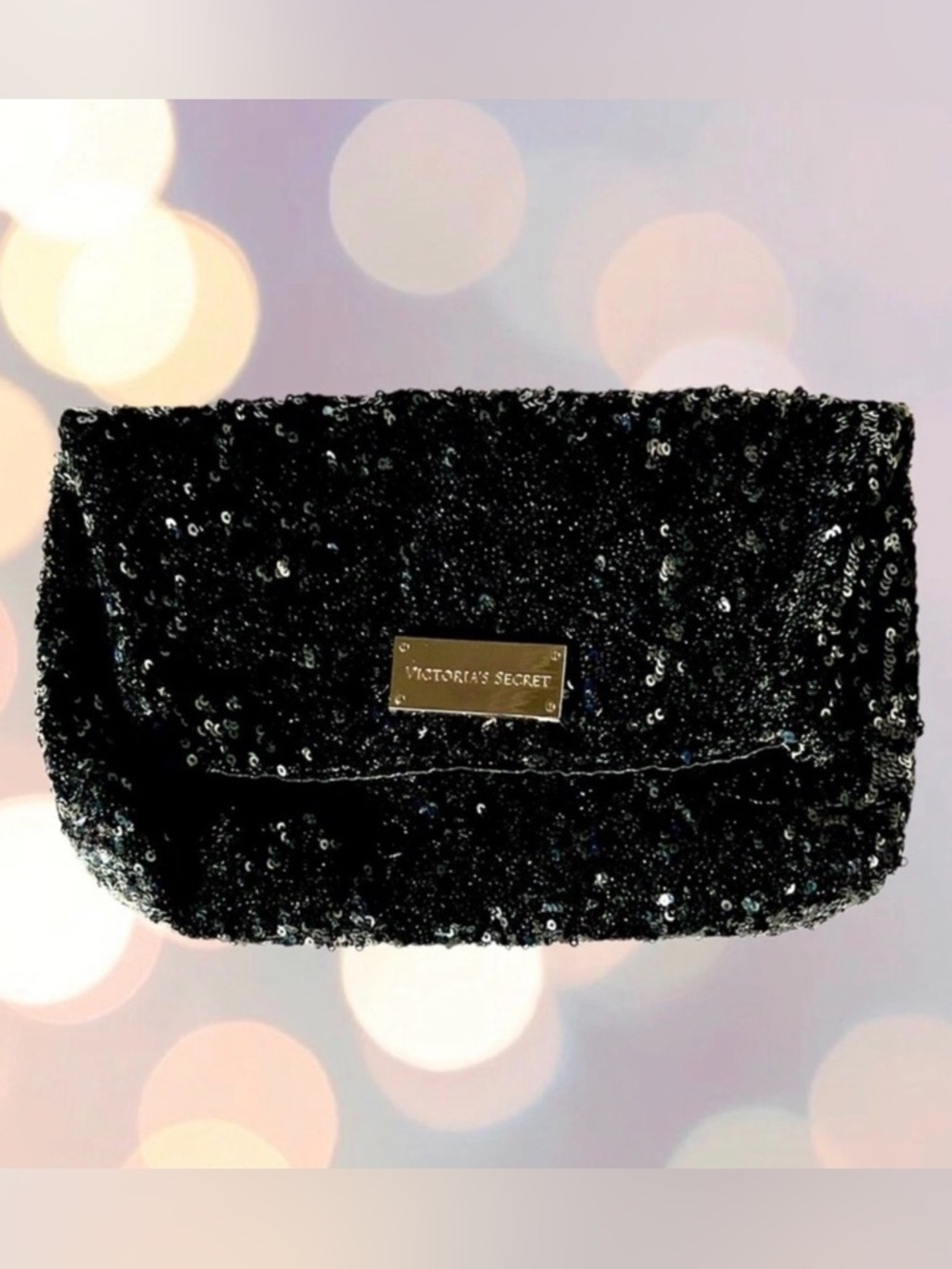 Victoria's Secret Black Sequin Fold-Over Clutch with Gold Plate
